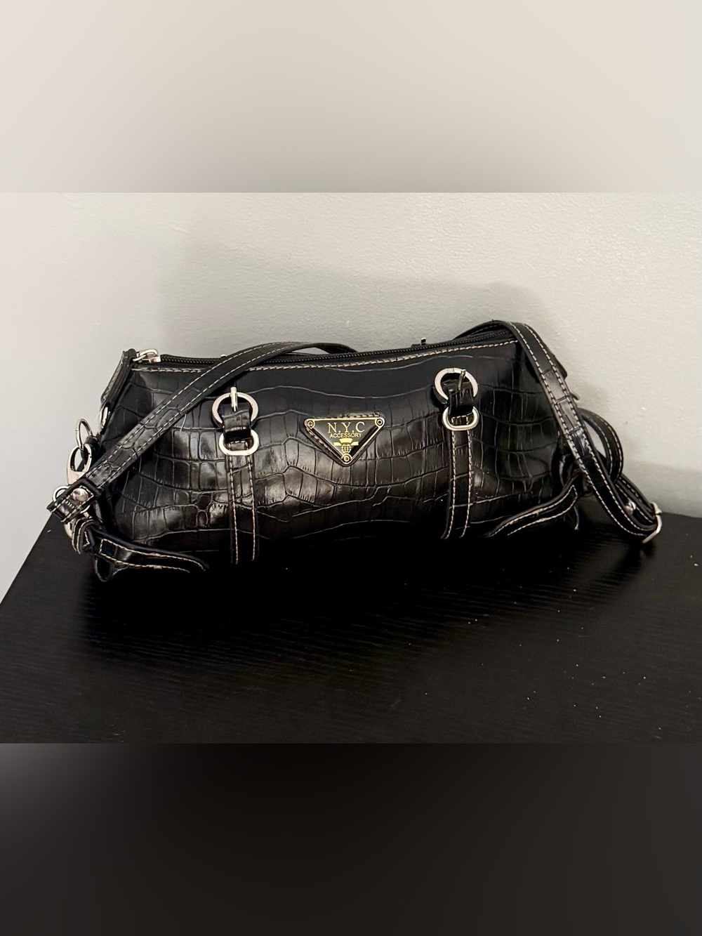 N.Y.C. Accessory Black Croc-Embossed Mini Shoulder Bag